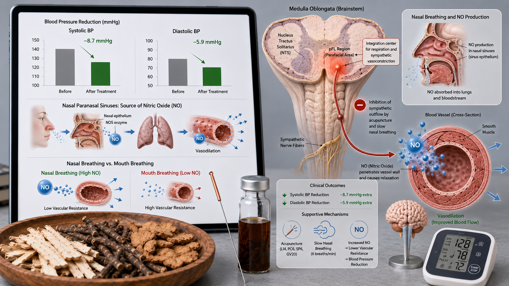 Tratamiento de acupuntura para la presión arterial alta con respiración nasal y ejercicios respiratorios